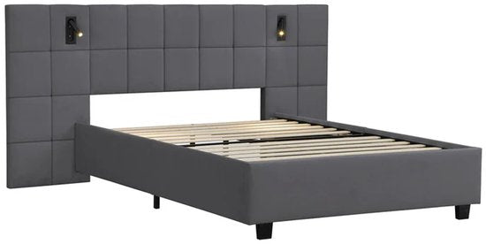 Juskys – Polsterbed Luzano – 140 x 200 cm – Voorzien Van LED-Leeslampjes En Gecapitonneerd Hoofdbord – Voor Slaapkamer En Logeerkamer – Donkergrijs Fluweel
