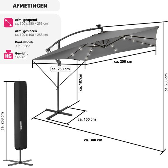 tectake® Rechthoekige parasol - Met LED-verlichting op zonne-energie - Incl. beschermhoes - Zweefparasol - Zonwering terras, tuin - Balkonparasol - Grote parasol - 250x300cm - Grijs