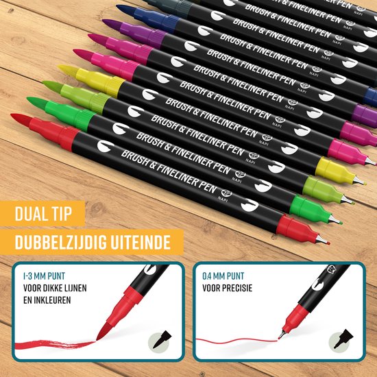 NAPI Twinmarkers - 24 Stiften voor Volwassenen - Dubbelzijdige Brushpennen - Fineliners Kleur - Viltstiften Handlettering - Bullet Journal Accessoires - Brush Pennen Aquarel - Markers Kinderen - Markeerstiften Incl. 2 Mandala Sjablonen