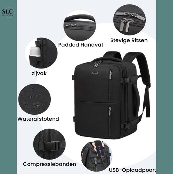 SLC-Collection - Zwart – Rugzak - 25 Liter - Transavia - Handbagage - 40x30x20cm - 14 Inch Laptop - USB Poort - Laptoptas - Dames - Heren - Reistas – Koffer - 10XS
