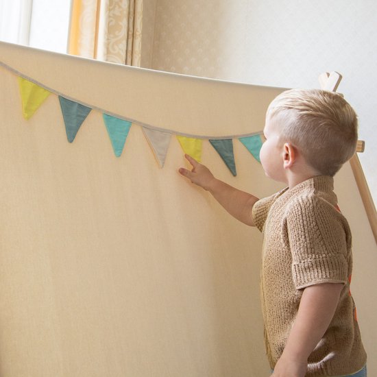 Sunny Sienna Speeltent met vlaggen en vloermat Crème – Wigwam Tipi Tent voor kinderen met Slinger & Opbergtas - Stokken FSC hout - 120x100x105cm