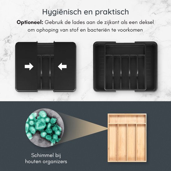 Deleca Uitschuifbaar Bestekbak met 8 Vakken - Besteklade Organizer - Keukenlade Bestek Organiser - Bestekhouder Keuken - 57 x 38 cm - Kunststof / Zwart