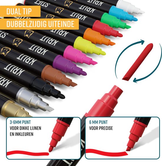 NAPI 12 Raamstiften - Afwasbaar - Krijtstiften voor Krijtbord & Raam - Omkeerbare Punt 3-6mm - Whiteboard Stiften - Whiteboardmarkers - Krijtstift Markers - Glasstiften - Krijtmarker - Porselein - Glas - 12 Kleuren