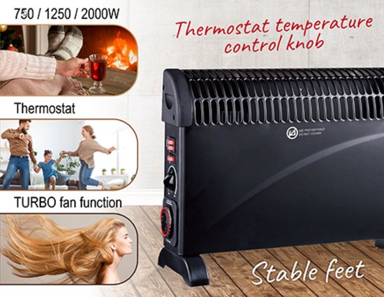 Mesko Elektrische Convector Kachel - Instelbare Thermostaat - 3 Warmtestanden - 2000W - Zwart