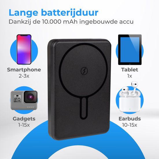 Nuvance Powerbank 10000 mAh - Geschikt voor MagSafe - 15W Snellader - Draadloze Powerbank - Usb-A 22.5W & Usb-C 20W - Zwart