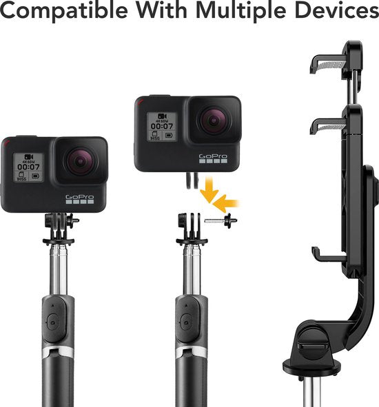 Studio ME Selfiestick Universeel - Statief - Geschikt voor Telefoon & Actiecamera - 100 cm - Selfie Stick - 360° Rotatie - Bluetooth Afstandsbediening - Telefoonhouder