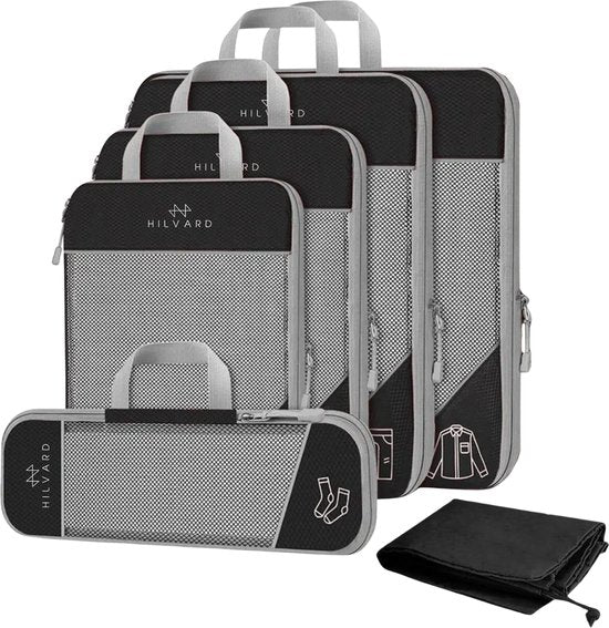 Hilvard - Packing Cubes Set - 6 delig - Bagage organizers - Kleding organizers - Travel cubes - Compression cubes - Zwart