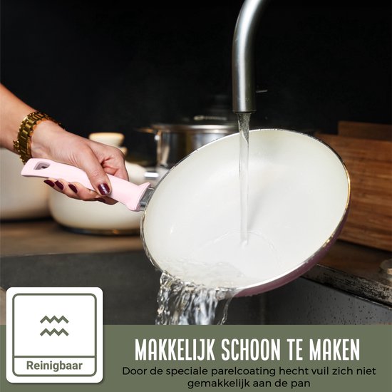 COOCK 19-Delige Pannenset - Speciale Anti-Aanbak Coating - Ergonomische Koudgrepen - Gerecycled Aluminium - koekenpannenset - kookpottenset - Lichtroze - Inclusief Onderzetters en E-book