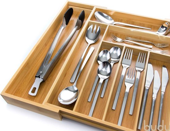 Budu Uitschuifbare Bamboe Bestekbak #43 (43 cm diep) - Bestekcassette Hout - Besteklade - 43 x 32,2 - 53 cm - 6/8 vakken