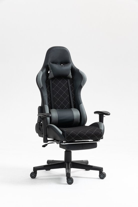 VDD Gaming - Gamestoel - Gamestoel met Voetsteun - Gamestoel zwart - Gaming Stoel - Bureaustoel gaming - Ergonomische Bureaustoel - Met Nekkussen & Verstelbaar Rugkussen - Game stoel Met Voetsteun - Ergonomische Game Stoel - Draaistoel- Zwart & Grijs