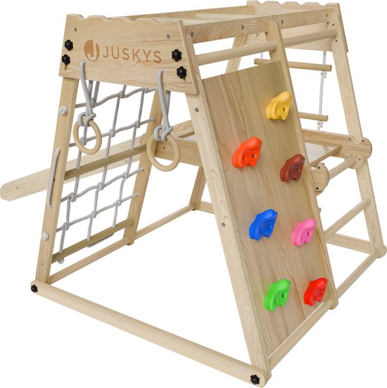 Juskys – Indoor Klimrek Voor Kinderen – 102 x 98 x 100 cm & Met Glijbaan En Klimwand – Voorzien Van Turnringen En Touwladder – Inklapbaar En Vrijstaand – Naturel En Bont Hout