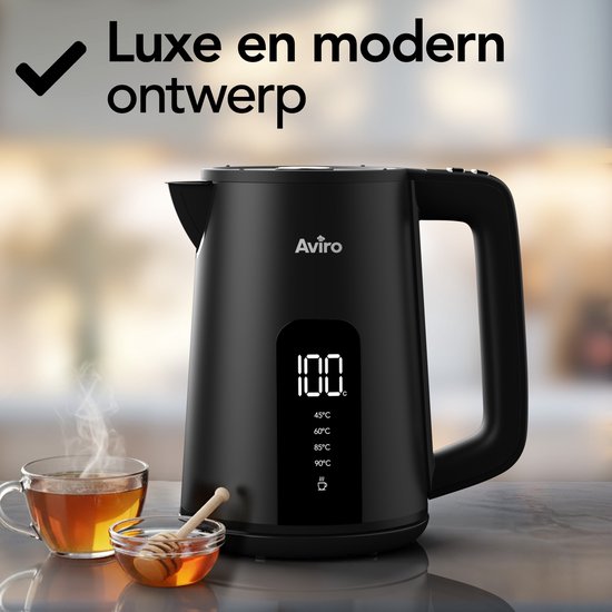 Aviro Waterkoker Met Temperatuurregeling - Warmhoudfunctie - 1.7L - RVS - Dubbelwandig - Elektrisch - 2000W - Zwart
