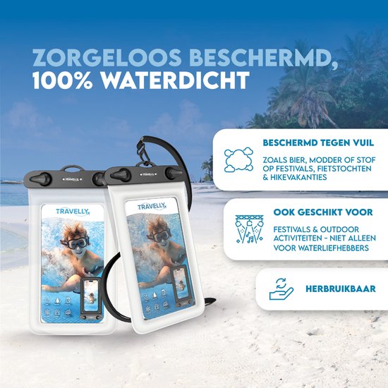 Travelly® Waterdicht Telefoonhoesje Set van 2 – Universeel Onderwater Hoesje voor Smartphone – Geschikt voor alle telefoons – Drybag – Voor Vakantie, Zwemmen & Watersport – Transparant/Wit