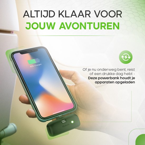 iSetchi Mini Powerbank 5000 mah - Compact formaat - Externe Batterij - Geïntegreerde Kabel - Noodpakket - Lightning Kabel - LED-Display - Geschikt voor iPhone - Zwart