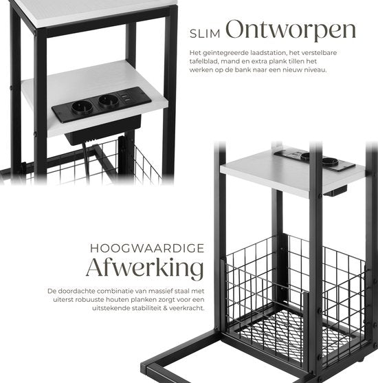 tectake® Laptoptafel met laadstation - Incl. stekkerdoos – C-Vormige computertafel - Bijzettafel - Nachtkastje - Met krantenstandaard en extra plankje - Wit