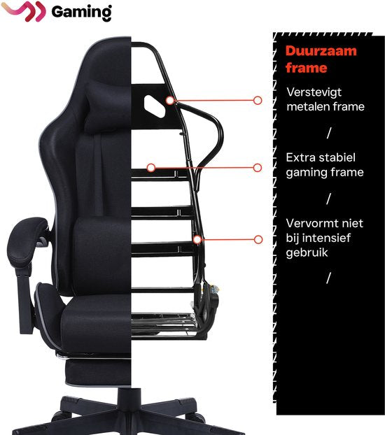 VDD Gaming - Gamestoel met massagefunctie en voetsteun - Gaming chair in de kleur Zwart - Game stoel met nekkussen & verstelbaar rugkussen - Ergonomische bureaustoel met padded armsteunen - Max draagvermogen 150 kg - Verstelbare ruggensteun