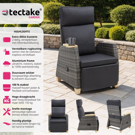 tectake Lounge Tuinstoel – Verstelbare Rug- & Voetsteun – 128 x 68,5 x 104 cm – Grijs