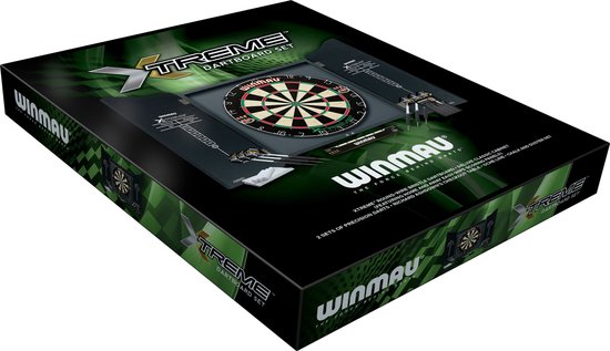 WINMAU - Professionele Dart Set met Diamond Plus Bristle Dartbord, Zwarte Kast, met 2 sets darts en officiële oche-lijn