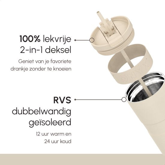 ONYX Drinkfles met Rietje - 1.2 Liter - Waterfles voor Kinderen & Volwassenen - Beige