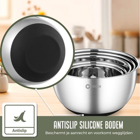 COOCK RVS Mengkommen set met Deksel - Beslagkommen met deksel - Bewaarbak met Rasp - Schaal voor Salades & Mengen - 22 Delige Set 1,5 t/m 5 Liter – Incl. Maatschepjes