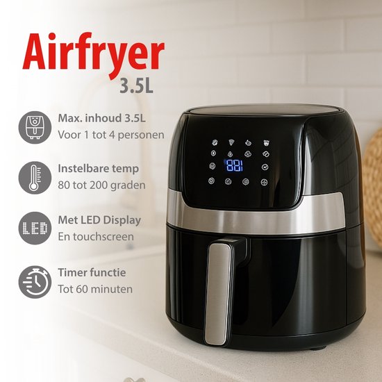 alpina Airfryer 4.5L- Heteluchtfriteuse voor 2 tot 4 Personen - Air Fryer met Instelbare Temperatuur van 80°C tot 200°C - Timer tot 60 Minuten - Hetelucht Friteuse 1400W - Zwart