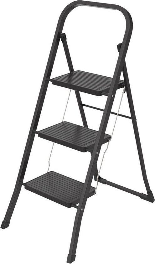 BRASQ Huishoudtrap 3-treden Zwart - keukentrap inklapbaar metaal voor Particulier en professioneel gebruik - Trap Ladder - Anti slip