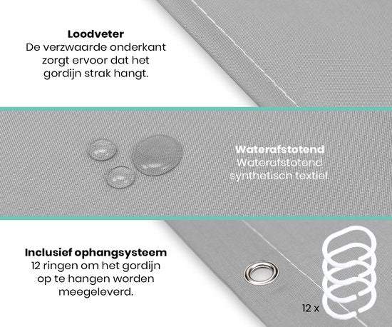 Loti Living Douchegordijn Anti Schimmel – Grijs - Inclusief ringen – Waterdicht - Polyester - Douchegordijn 180x200 cm