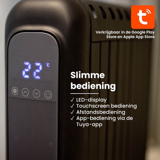 QLT Elektrische Kachel met App Bediening, Thermostaat en Timer – Convectorkachel – Olievrije Radiator met Wielen en Wandoptie – Tot 20m² – Zwart