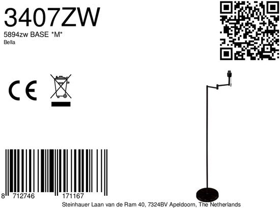 Vloerlamp Bella 3407ZW - Zwart met zwenkarm, uitklapbaar en trekschakelaar - Mexlite - Tijdloos design van kunststof, metaal en elektronica, hoogte 135 cm, reikwijdte 45 cm