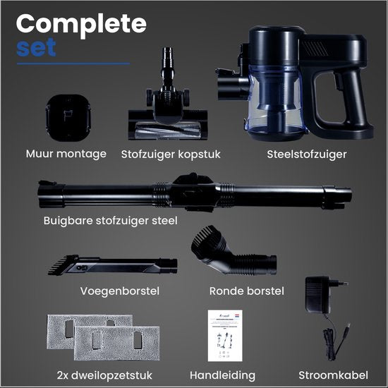 Saaf G80 Steelstofzuiger met Dweilfunctie - 8-delige set met Buigbare Steel - 22Kpa - Stofzuiger zonder Zak - 150W - Draadloos - Zwart