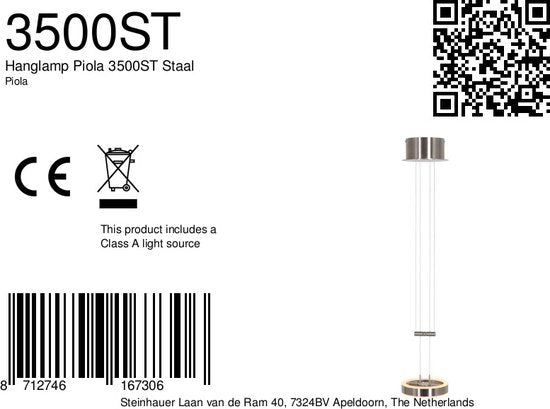 Hanglamp Piola 3500ST Staal Hoogte Verstelbaar Modern Steinhauer
