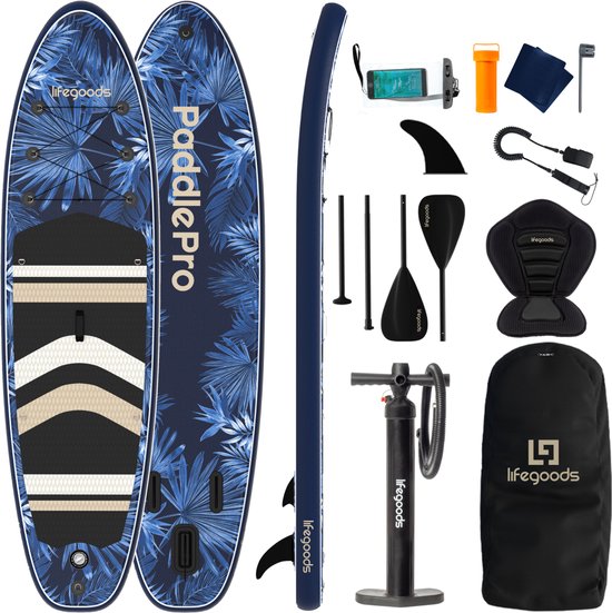 LifeGoods PaddlePro SUP Board - met Zitje - Opblaasbaar Paddle Board - Complete Set - Max. 150KG - 320x81cm - Tropical Blauw