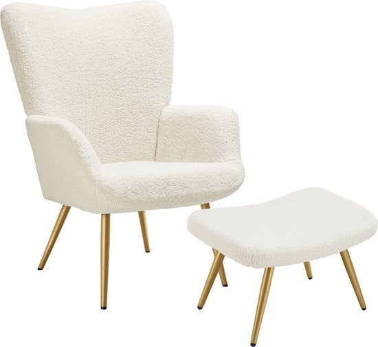 tectake® Oorfauteuil in Scandinavische stijl - Met hocker - Teddystoel Hygge - Stoel voor woonkamer, slaapkamer - Loungefauteuil - Goud metalen poten - Draagvermogen tot 150 kg - Crème