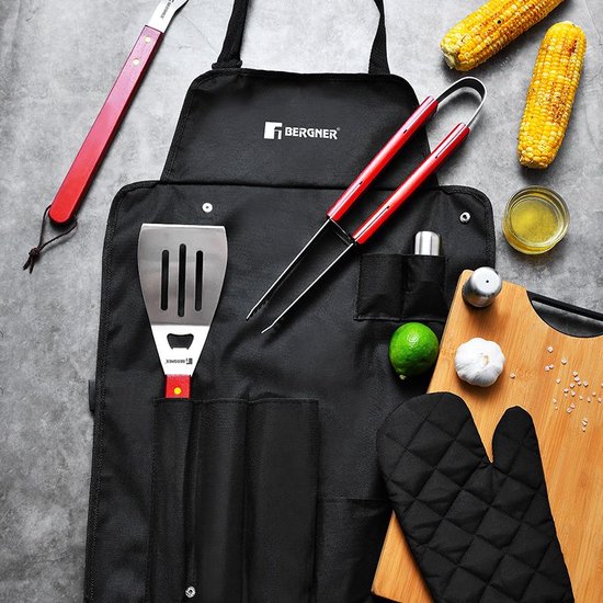 Bergner BBQ Accessoires 7 Delige Gereedschapset - Roestvrijstaal - Geschenkset - met bbq Schort
