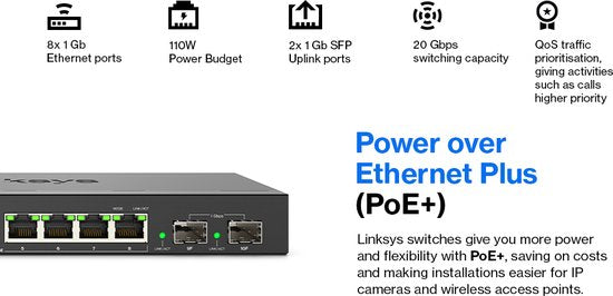Linksys LGS310MPC - Netwerk Switch - Gigabit - Managed - 8 Poorten - PoE+ - Zwart