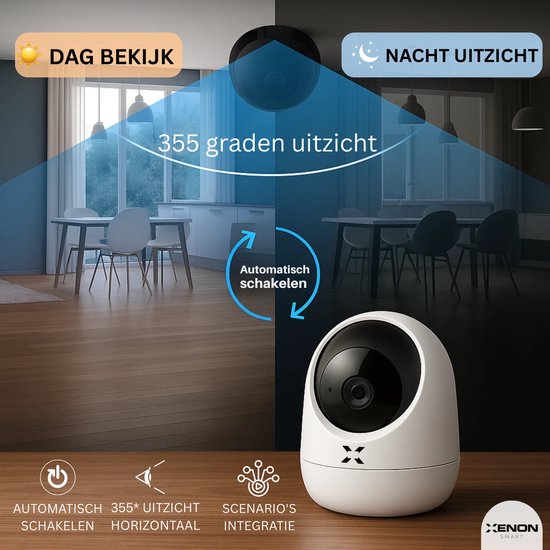 XENON Smart X7207 Beveiligingscamera binnen - Huisdiercamera met app -Beveiligingscamera's - Wifi Camera APP - Full HD 2MP - Volgt beweging en geluidsdetectie - Bewakingscamera