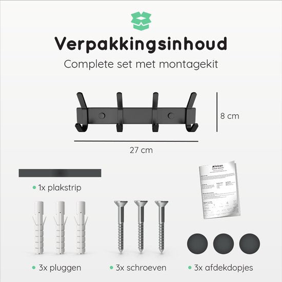 Volcan - Wandkapstok 8 Haaks - RVS - Inclusief Montagekit - 27 x 8 cm -Zwart