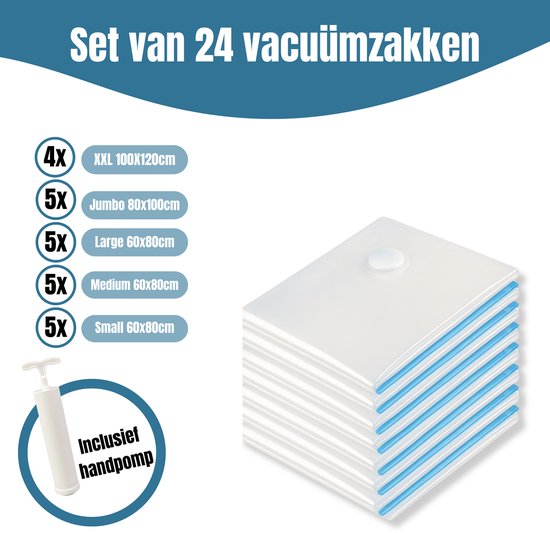 Travelly® Vacuümzakken & Reiszakken Set – Kleding Opbergen & Reizen – Luchtdicht – Inclusief Pomp - Herbruikbaar – Ruimtebesparend – Set van 24 – Transparant