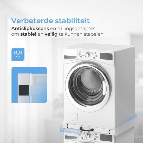 Skoov Tussenstuk voor Wasmachine & Droger - Stapelkit - Met uitschuifbare plank - Universeel - Droogkast - Meubel - incl. trildempers en spanband