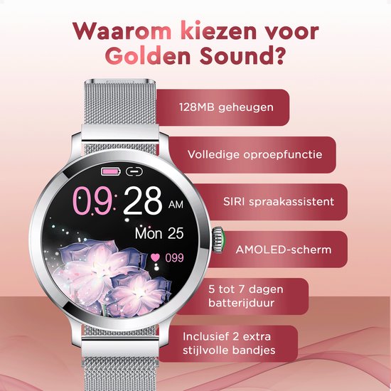 Golden Sound - Smartwatch Dames - 40mm - Stappenteller - Slaapmonitor - Saturatiemeter - Hartslagmeter - Zilver