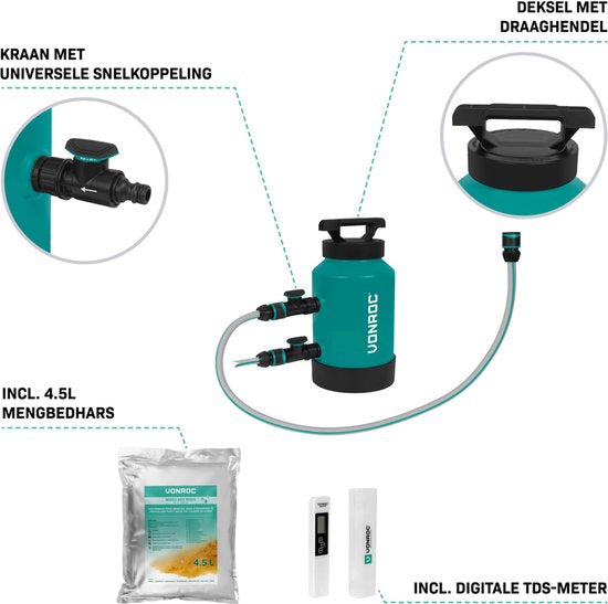 VONROC DI-Puurwaterfilter – Deïonisatiefilter - alternatief osmose water - Incl. 4.5L mengbedhars, TDS-meter, slang en koppelingen