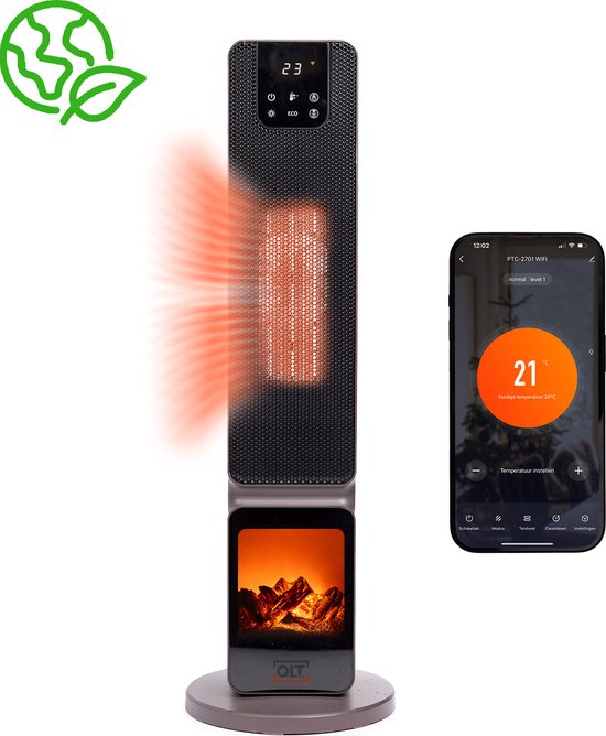 QLT Keramische Kachel – Elektrische Verwarming met Vlameffect, Oscillatie & App-bediening – 1000-2000W – Compact & Energiezuinig – Zwart