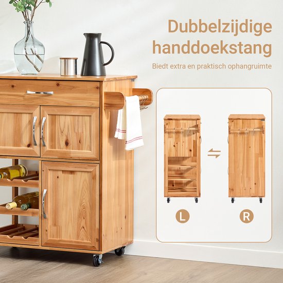 SoBuy Keukentrolley met Lades en Wijnrek, Keukenmeubel op Wieltjes met Werkblad, Compact Kookeiland, Natuurlijke kleur, 66×38×86 cm - FKW45-N