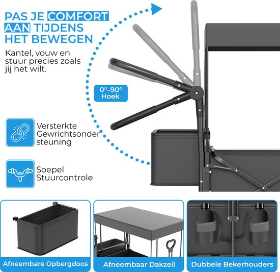TerraGear Bolderkar opvouwbaar - Bolderkar met dak en duwstang - Zwart - 120L inhoud - 150KG draagcapaciteit