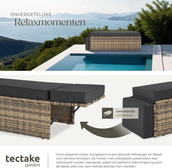tectake® Wicker loungebank - Met voetenbank - Voor 2 personen - Loungebank met zit- en rugkussens - Weerbestendig - Ideaal voor terras, serren en balkon - Afmeting bank (LxBxH) 119 x 64,5 x 71,5 cm - Natuur