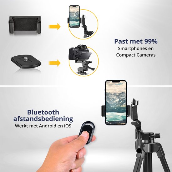 Studio ME Telefoon Statief - 136 cm - Tripod Smartphone - Zwart - Camera Statief - Telefoonhouder - Incl. Bluetooth Afstandsbediening - Statief Telefoon