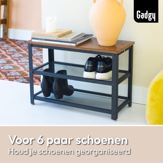 Gadgy Schoenenrek met bankje - 6 tot 9 Paar Schoenen - Schoenenkast bankje - Schoenenbank Industrieel - Handig schoenen opbergen - Bijzettafel Metaal met Hout