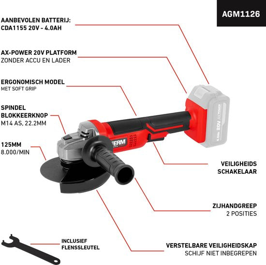 FERM - AX-POWER - AGM1126 - Accu - Haakse slijper - 125 mm - 20Volt - 8000t/min - Softgrip - Zijhandgreep op twee plaatsen - Verstelbare beschermkap - Veiligheidsschakelaar - Zonder accu en zonder lader - Geschikt voor AX en FX accu platform