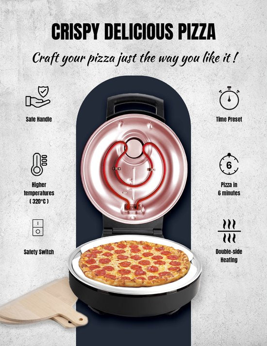 Bestron Turbo Pizzaoven voor pizza's in 5-10 minuten, elektrische pizzaoven met echte maximumtemperatuur van 320°C, inclusief pizzasteen en 2 grote houten spatels, Black Label, kleur: Matzwart