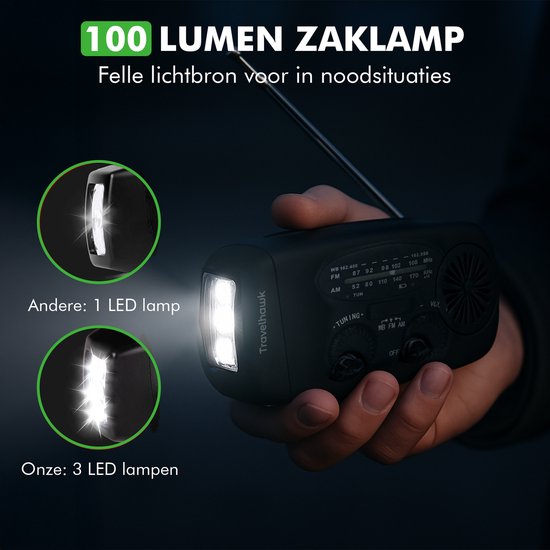 Travelhawk Noodradio - Draagbare Radio - Noodradio Solar Opwindbaar - Powerbank Zonneenergie - 2000 mAh - Zaklamp - Noodpakket - Zwart
